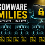 Ransomware families poster showing groups, affiliates, and leak sites as a branching threat network.