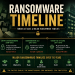 Ransomware timeline poster showing famous attacks and the evolution of extortion.