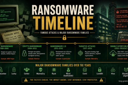 Ransomware timeline poster showing famous attacks and the evolution of extortion.