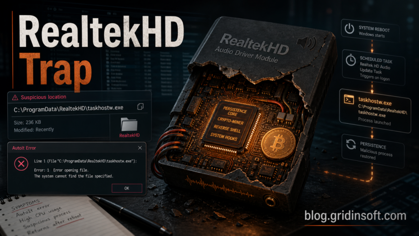 RealtekHD taskhostw.exe AutoIt error cleanup warning with a suspicious scheduled task and malware core.