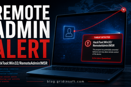 Remote admin alert poster for HackTool:Win32/RemoteAdmin!MSR showing possible remote control behavior.