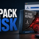 Editorial poster showing a cracked game repack installer breaking open with adware and stealer-risk warnings.