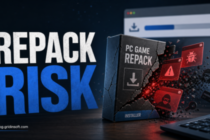 Editorial poster showing a cracked game repack installer breaking open with adware and stealer-risk warnings.