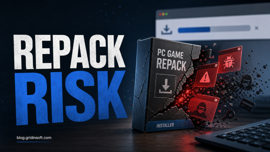 Editorial poster showing a cracked game repack installer breaking open with adware and stealer-risk warnings.