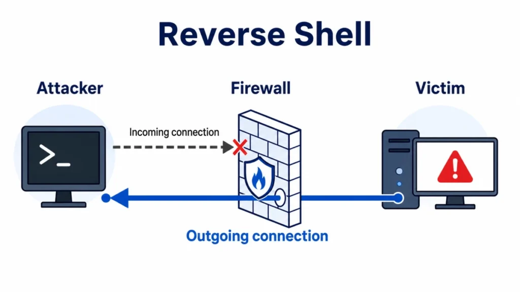 Reverse shell diagram showing the victim making an outgoing connection through the firewall to the attacker.