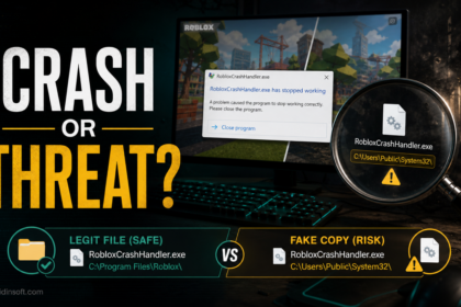 RobloxCrashHandler.exe safety check scene comparing a normal crash handler with a suspicious fake copy.