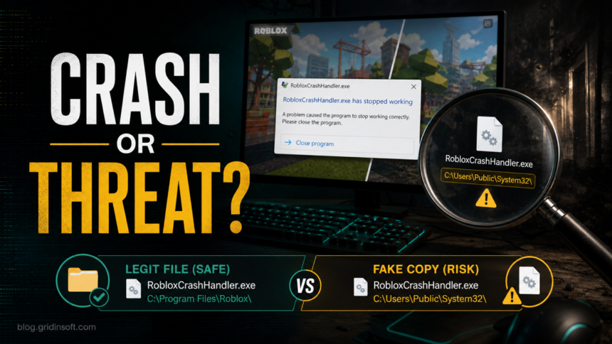 RobloxCrashHandler.exe: Safe Roblox File or Malware? 1 RobloxCrashHandler.exe safety check scene comparing a normal crash handler with a suspicious fake copy.