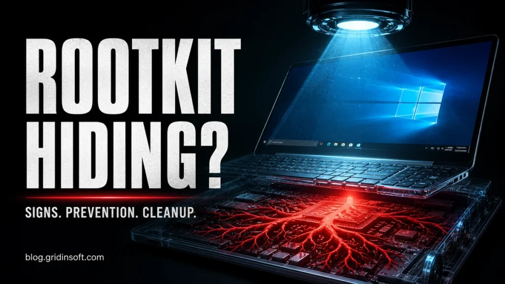 Rootkit hiding below a laptop while a security scan exposes the hidden layer