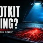 Rootkit hiding below a laptop while a security scan exposes the hidden layer