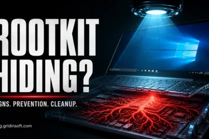 Rootkit hiding below a laptop while a security scan exposes the hidden layer