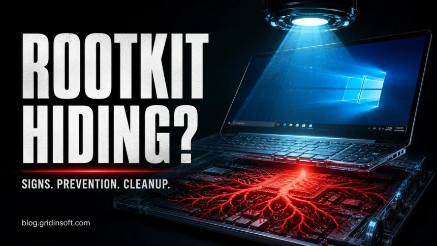 Rootkit Attack Guide 1 Rootkit hiding below a laptop while a security scan exposes the hidden layer