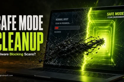 Safe Mode cleanup poster showing malware being pulled away from a blocked antivirus scan.