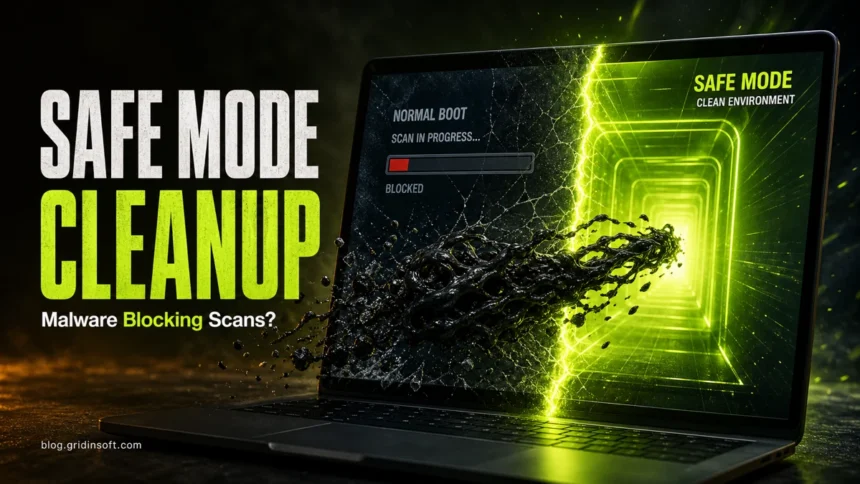 Safe Mode cleanup poster showing malware being pulled away from a blocked antivirus scan.