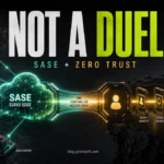 SASE cloud edge and Zero Trust identity gates merging into one access path.