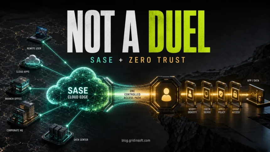 SASE cloud edge and Zero Trust identity gates merging into one access path.