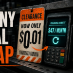 Scavenger.ai penny deal trap illustration showing a one-cent clearance tag turning into a $47 monthly subscription.