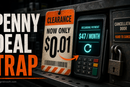 Scavenger.ai penny deal trap illustration showing a one-cent clearance tag turning into a $47 monthly subscription.