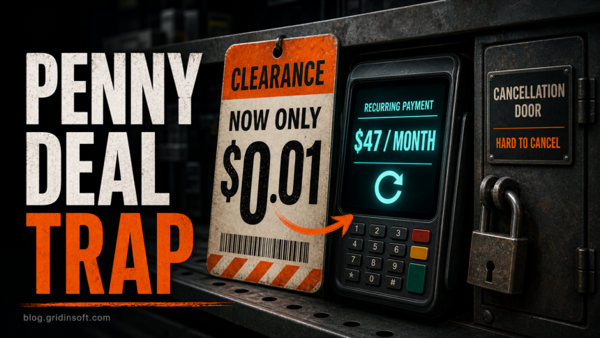 Scavenger.ai Scam Check 1 Scavenger.ai penny deal trap illustration showing a one-cent clearance tag turning into a $47 monthly subscription.