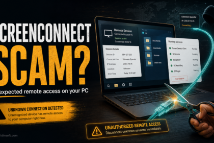 ScreenConnect scam warning showing unexpected remote access on a Windows PC