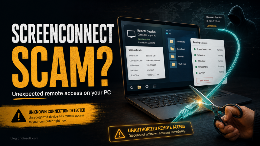 ScreenConnect scam warning showing unexpected remote access on a Windows PC
