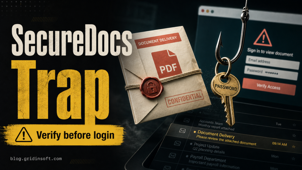 SecureDocs document delivery phishing trap with a fake login hook