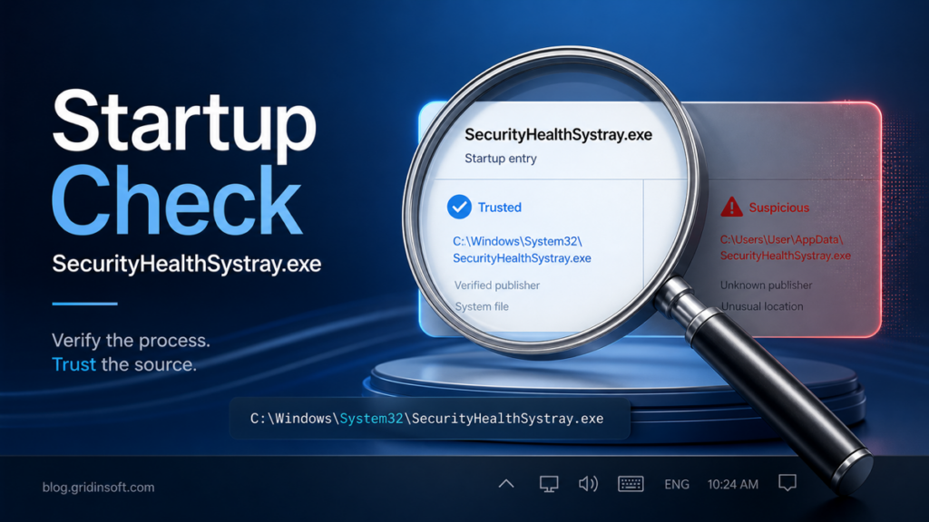 SecurityHealthSystray.exe Windows Security startup safety check with trusted path and suspicious copy warning