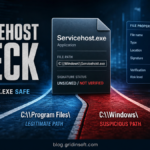 Editorial poster showing Servicehost.exe path and signature checks for a suspicious Windows folder copy.