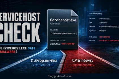 Editorial poster showing Servicehost.exe path and signature checks for a suspicious Windows folder copy.