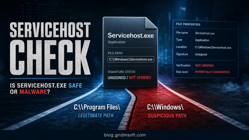Editorial poster showing Servicehost.exe path and signature checks for a suspicious Windows folder copy.