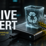 External hard drive with quarantined Sfone files and a cleanup warning.