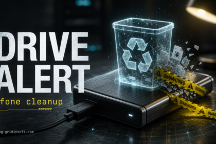 External hard drive with quarantined Sfone files and a cleanup warning.