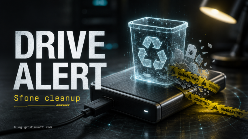External hard drive with quarantined Sfone files and a cleanup warning.