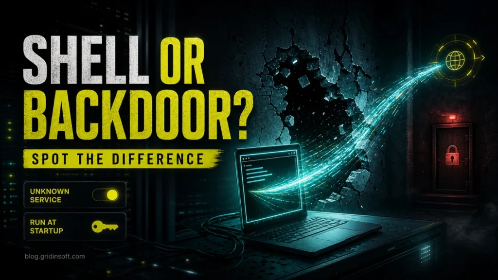 Reverse shell vs backdoor concept with an outbound shell connection and hidden persistence door.