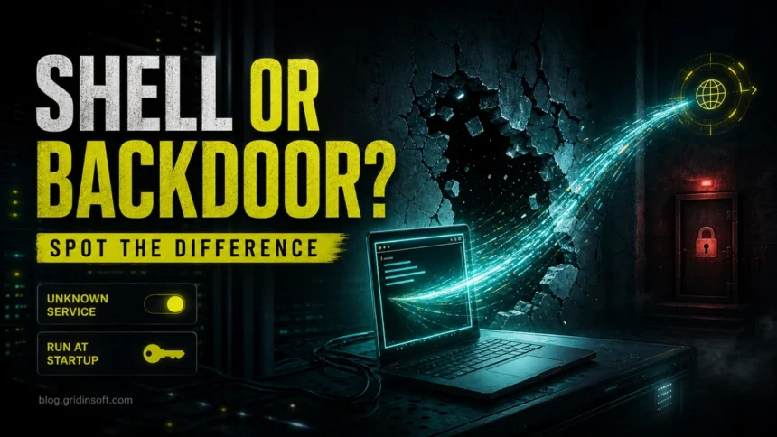 Reverse shell vs backdoor concept with an outbound shell connection and hidden persistence door.