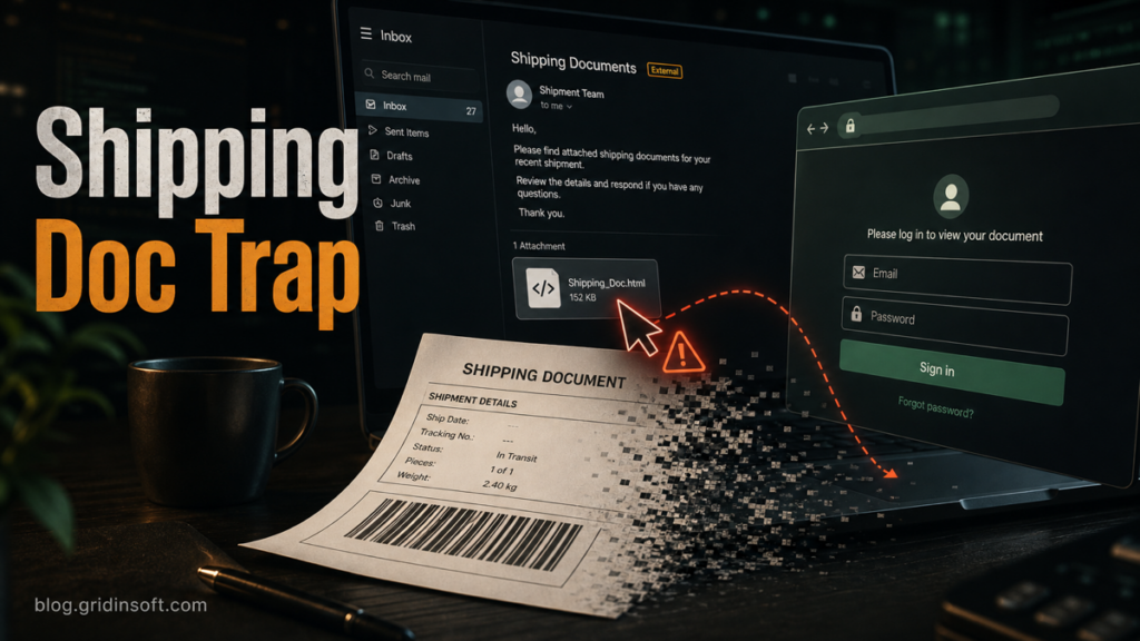 Fake shipping document phishing email with HTML attachment and login trap