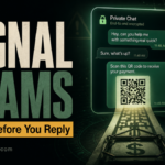Signal scams poster showing a private chat turning into a QR code money trap.