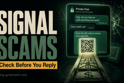 Signal scams poster showing a private chat turning into a QR code money trap.