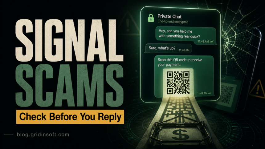 Signal scams poster showing a private chat turning into a QR code money trap.