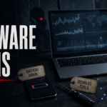 Spyware warning signs including battery drain, disabled tools, and unknown network traffic.