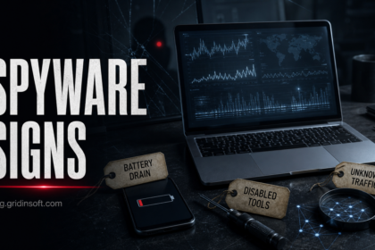 Spyware warning signs including battery drain, disabled tools, and unknown network traffic.