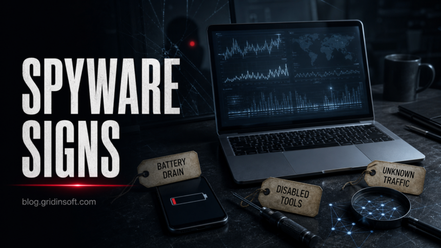 Spyware warning signs including battery drain, disabled tools, and unknown network traffic.