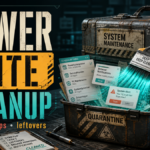 Power Suite cleanup poster showing startup tasks, pop-ups, and leftovers.
