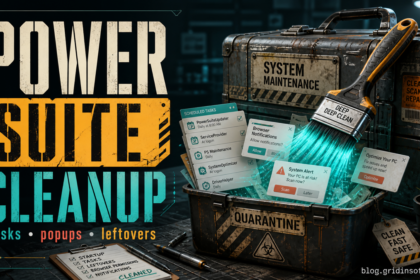 Power Suite cleanup poster showing startup tasks, pop-ups, and leftovers.