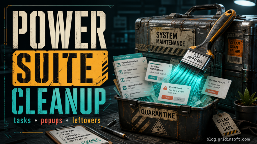 Power Suite cleanup poster showing startup tasks, pop-ups, and leftovers.