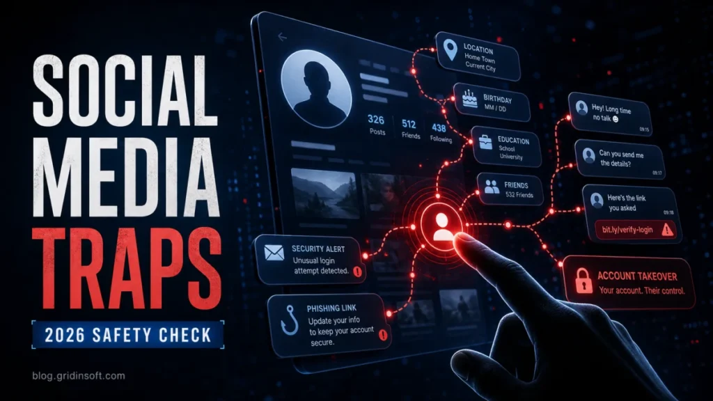 Social media security traps showing account takeover, phishing links, oversharing, and profile data leaks.