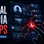 Social media security traps showing account takeover, phishing links, oversharing, and profile data leaks.