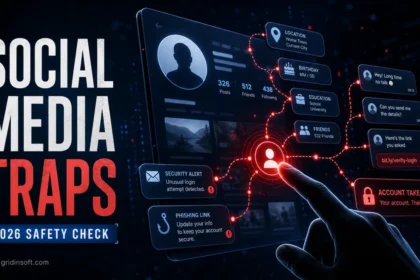 Social media security traps showing account takeover, phishing links, oversharing, and profile data leaks.
