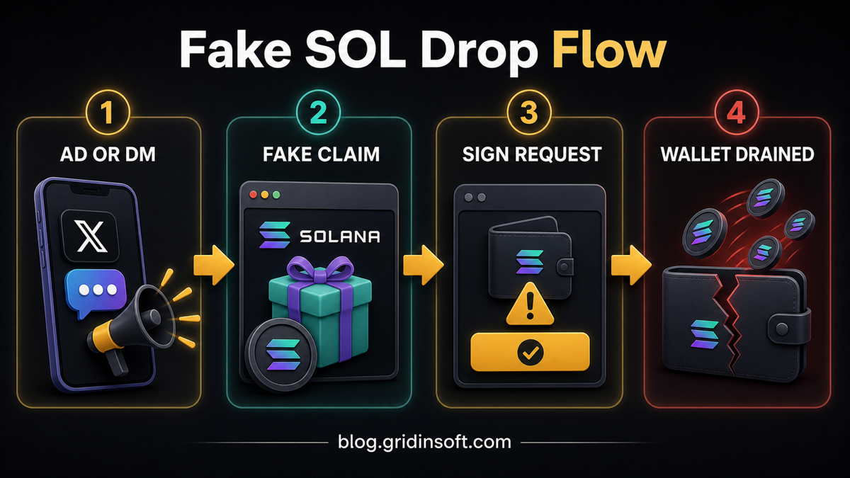 Fake SOL Drop flow showing ad or DM, fake claim page, sign request, and wallet drained steps.