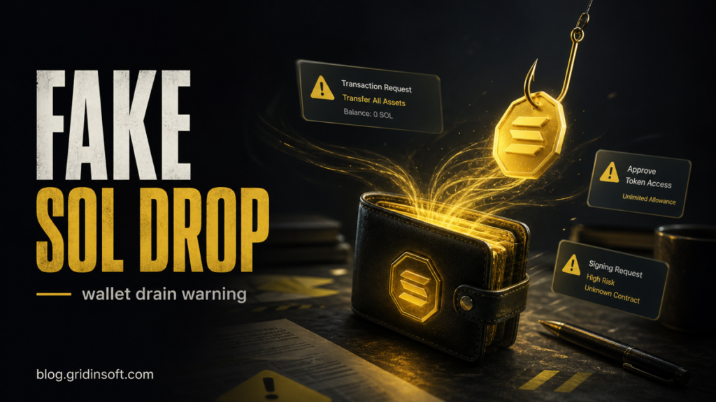 Fake SOL Drop wallet drain warning showing a crypto wallet and risky transaction prompts.