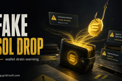 Fake SOL Drop wallet drain warning showing a crypto wallet and risky transaction prompts.